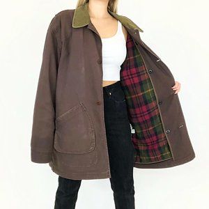 Classic 90s L.L. Bean brown canvas workwear style fully plaid lined chore coat!